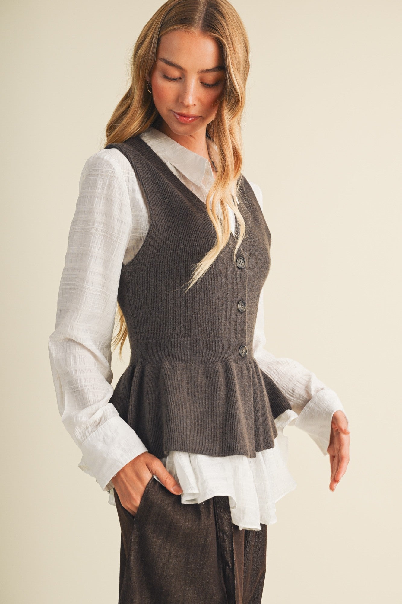 Rib Knit Peplum Button-front Vest