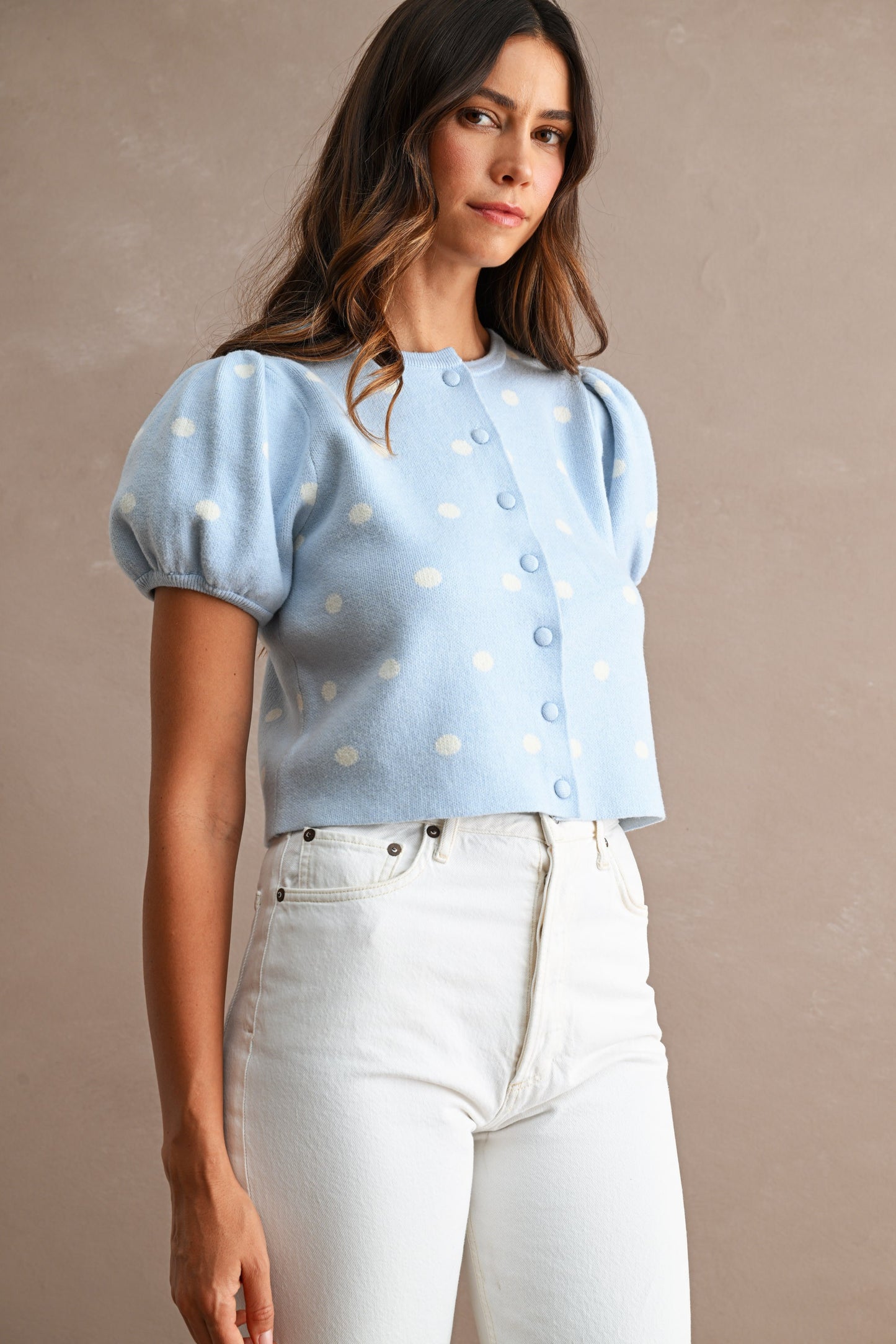 Polka Dot Short Puff Sleeve Button Down Knit Top