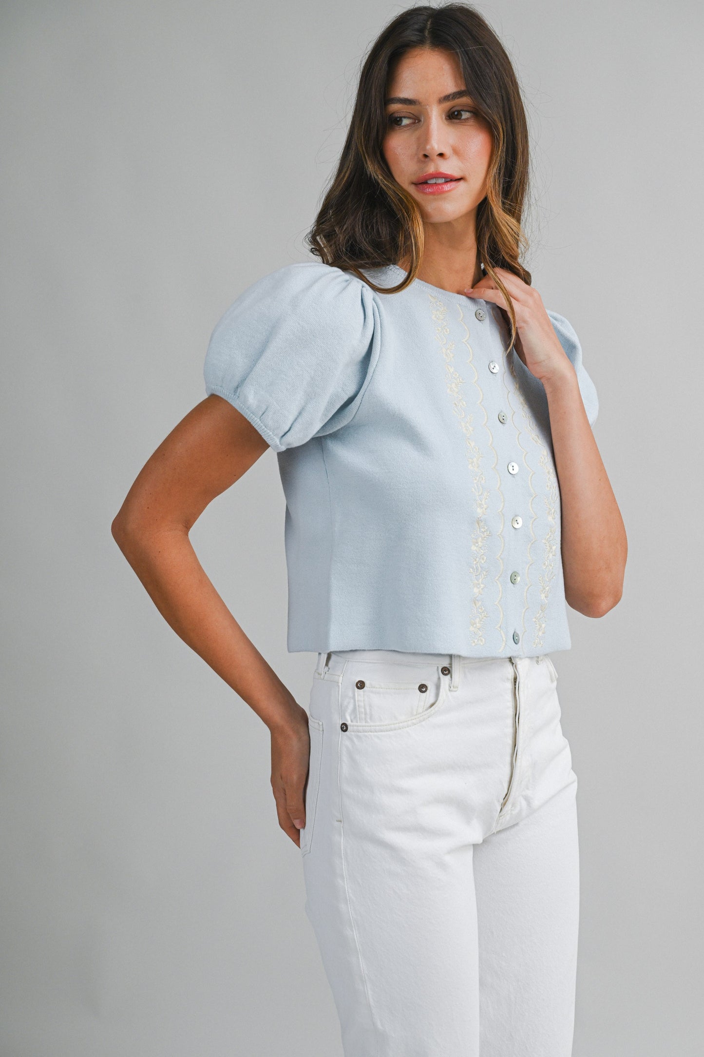Embroidered Short Puff Sleeve Button Down Knit Top