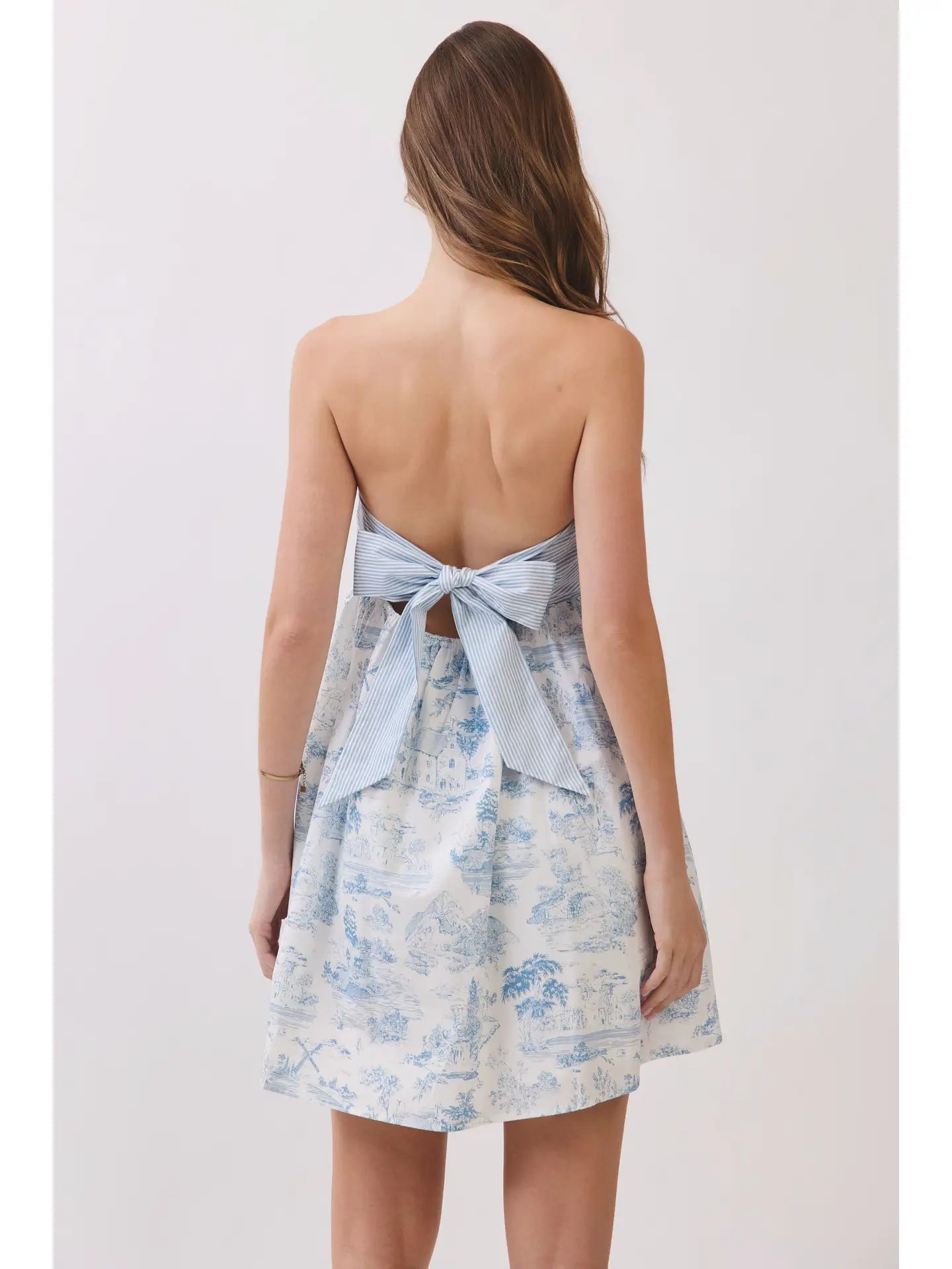 Toile Print Strapless Bow Back Mini Dress
