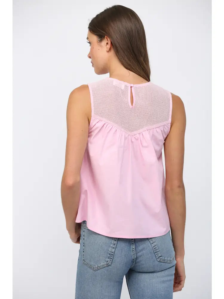 Contrast Mesh Yoke Detail Lace Trimmed Top