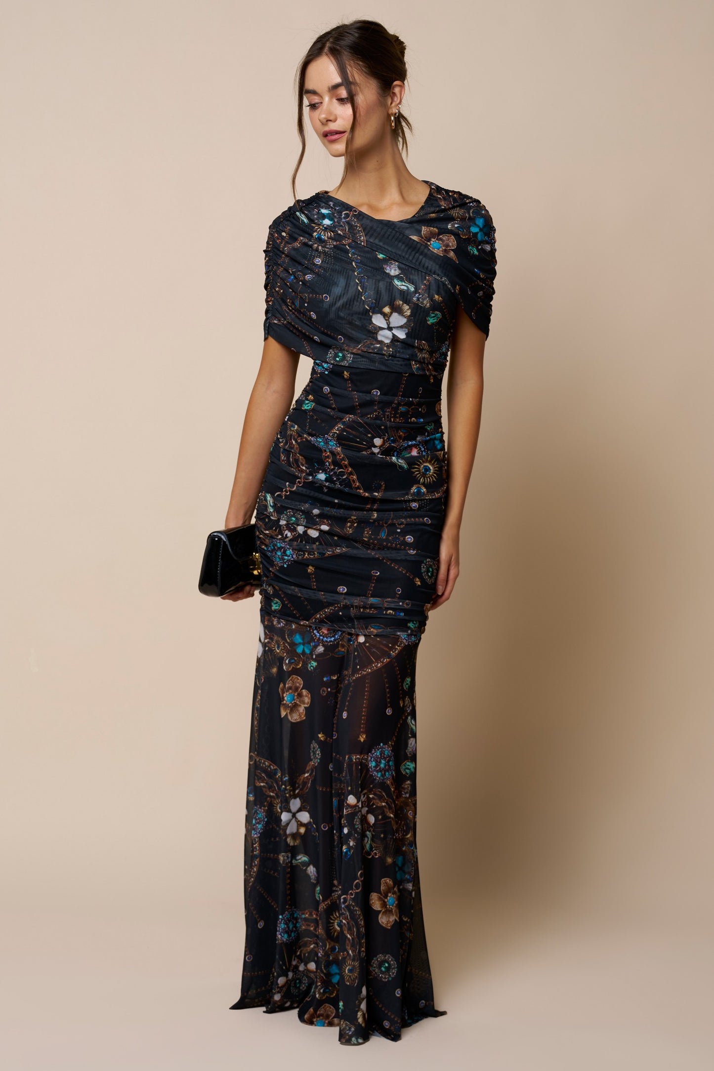 Printed Asymmetrical Mesh Ruched Maxi Dress
