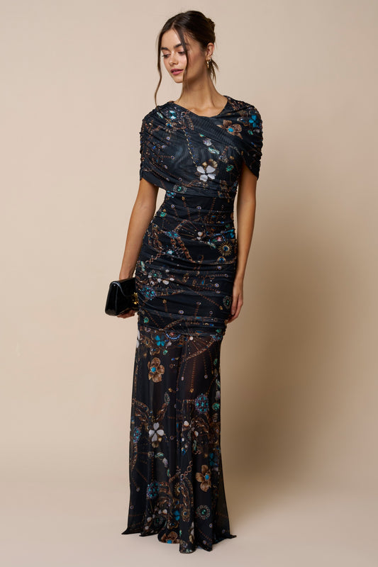 Printed Asymmetrical Mesh Ruched Maxi Dress