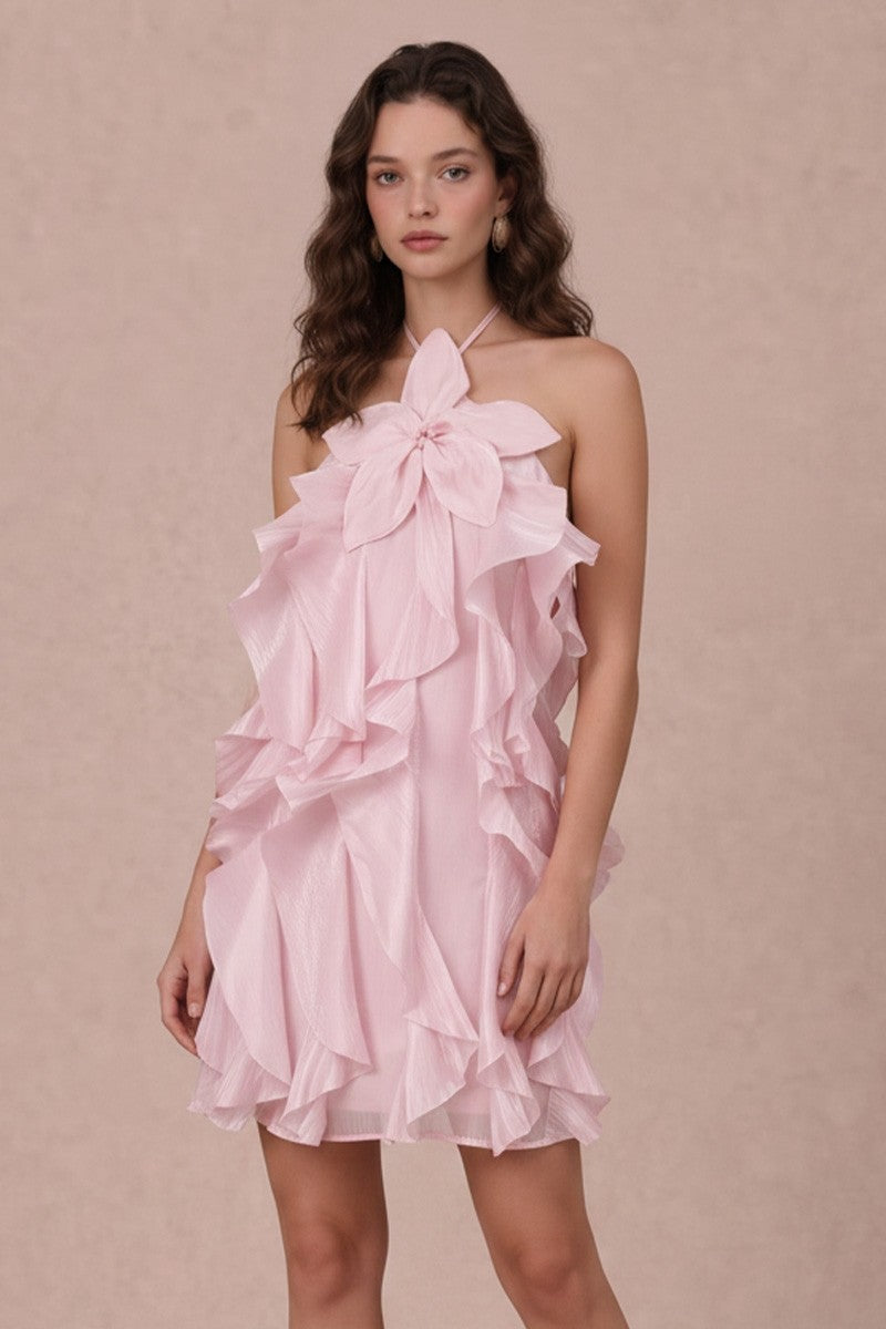 Floral Applique Ruffle Halter Mini Dress