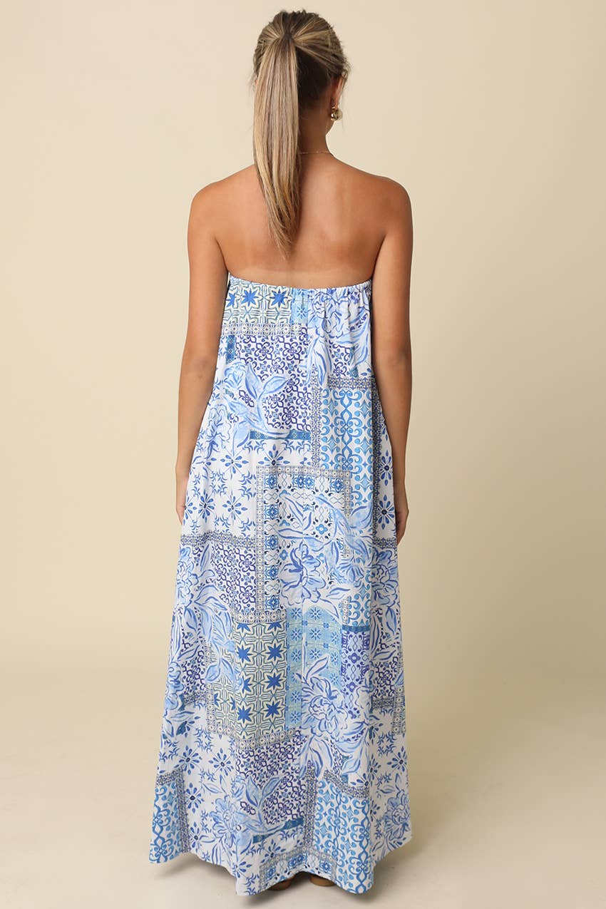 Clover Tile Print Strapless Maxi Dress