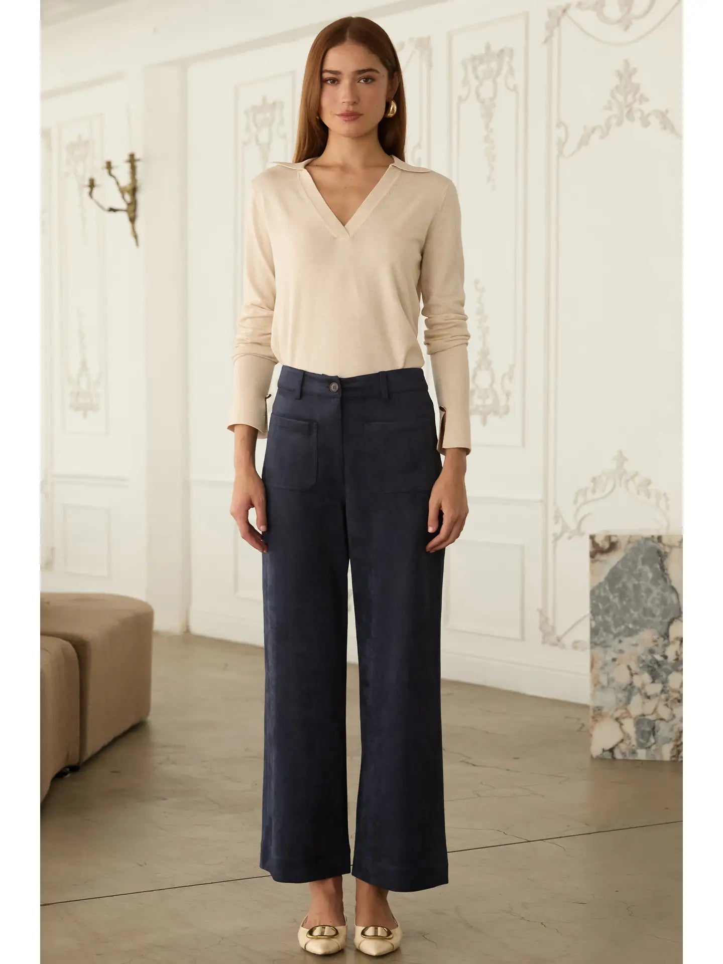 Faux Suede Wide Leg Pants with Front Pockets