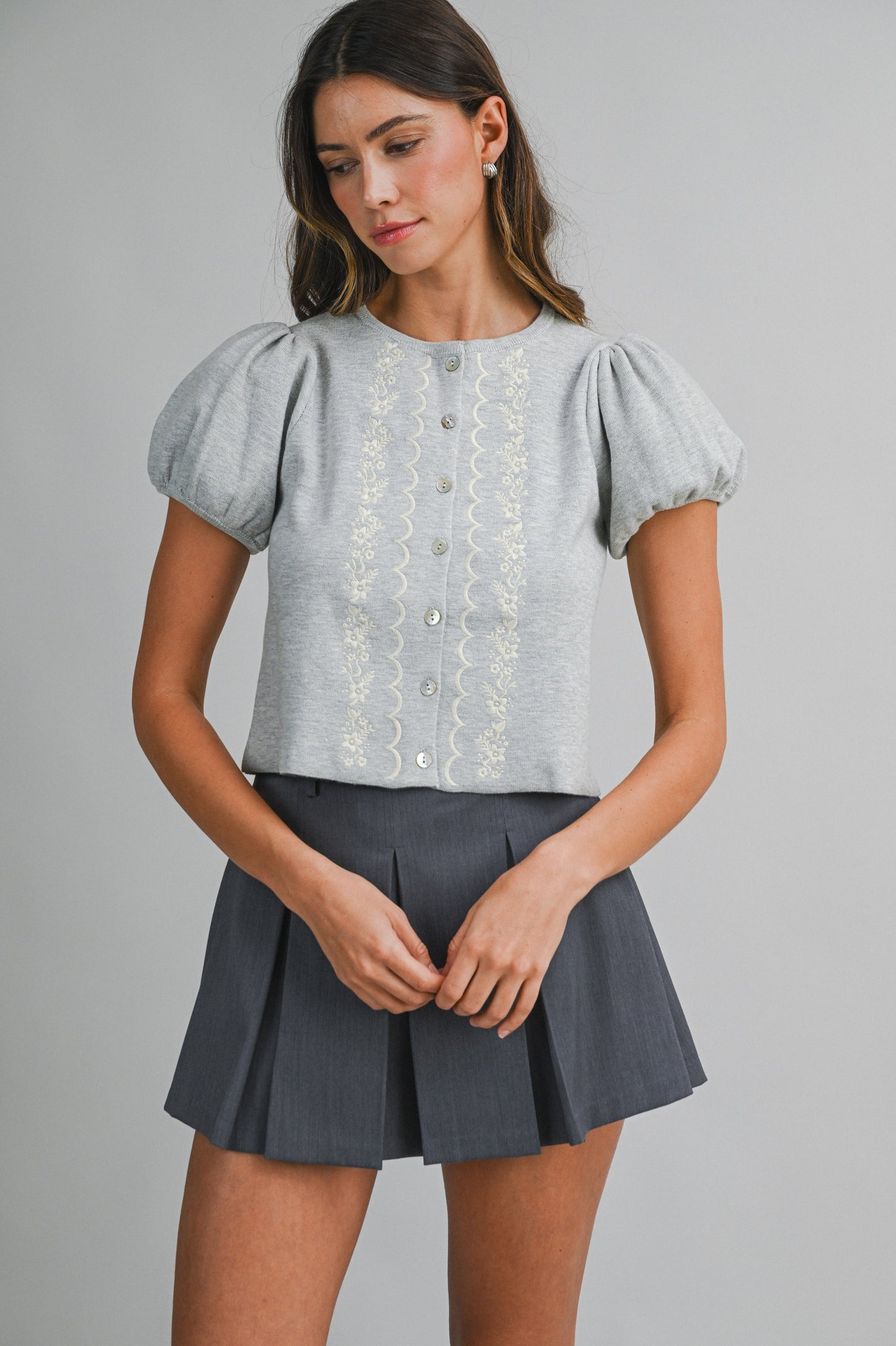 Embroidered Short Puff Sleeve Button Down Knit Top