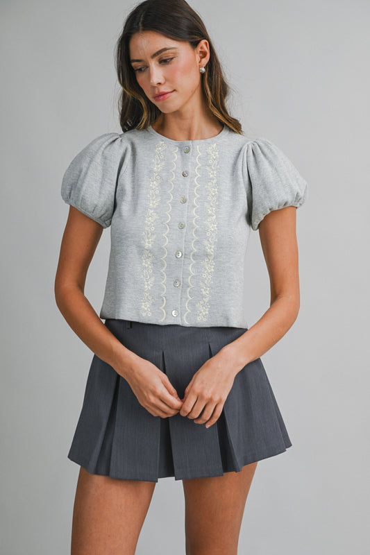Embroidered Short Puff Sleeve Button Down Knit Top