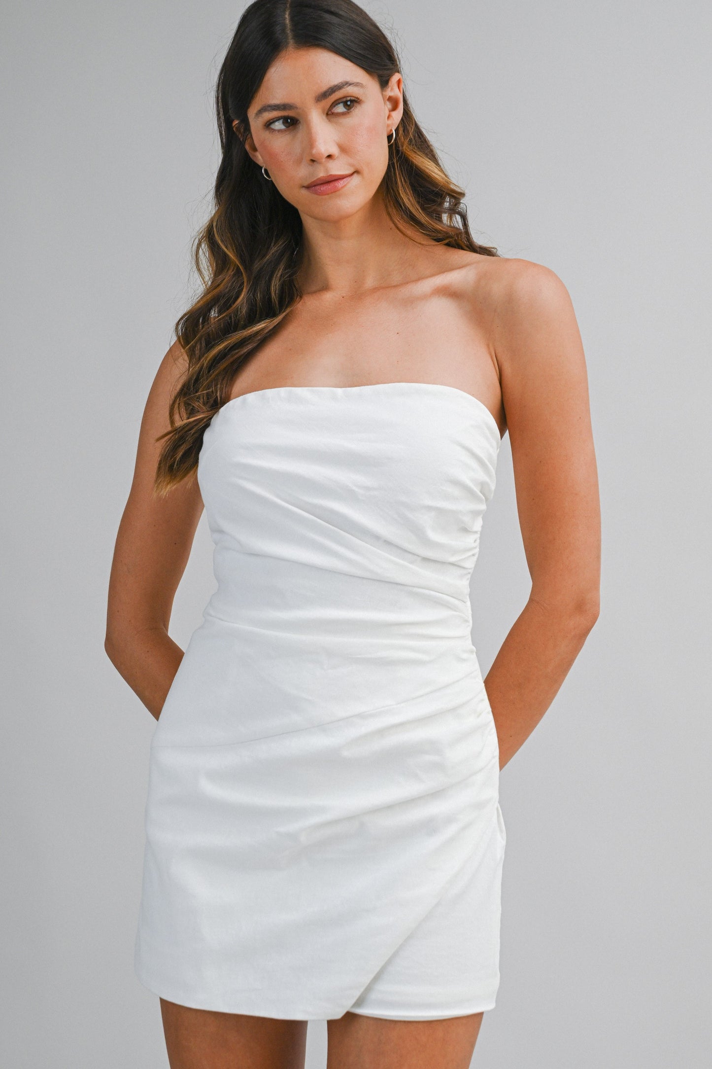 Strapless Asymmetrical Wrap-style Ruched Detail Tube Romper