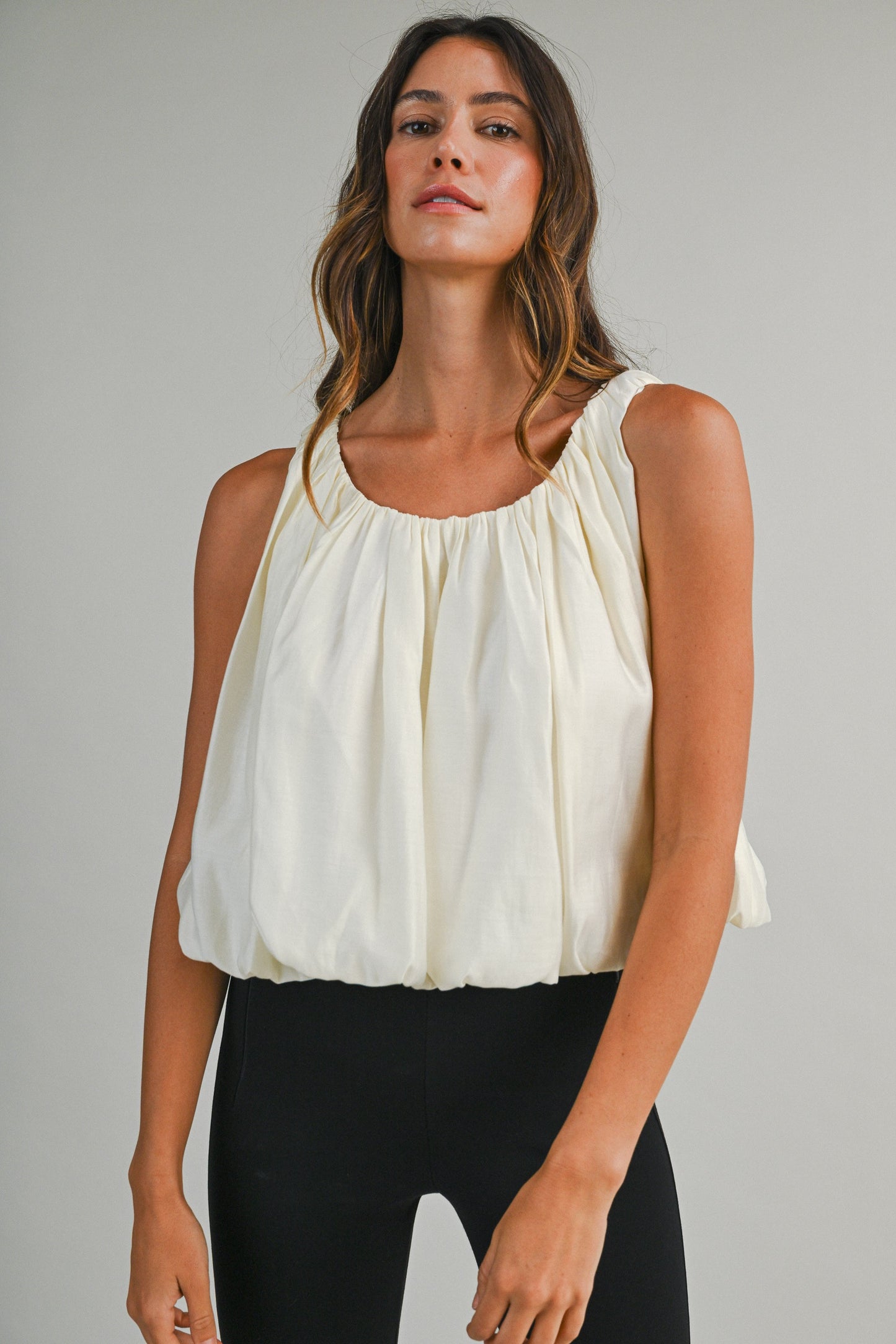 Solid Sleeveless Gathered Neck Bubble Hem Top
