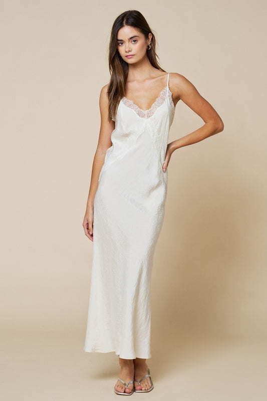 Lace Contrast V Neck Maxi Slip Dress W/ Spaghetti Straps