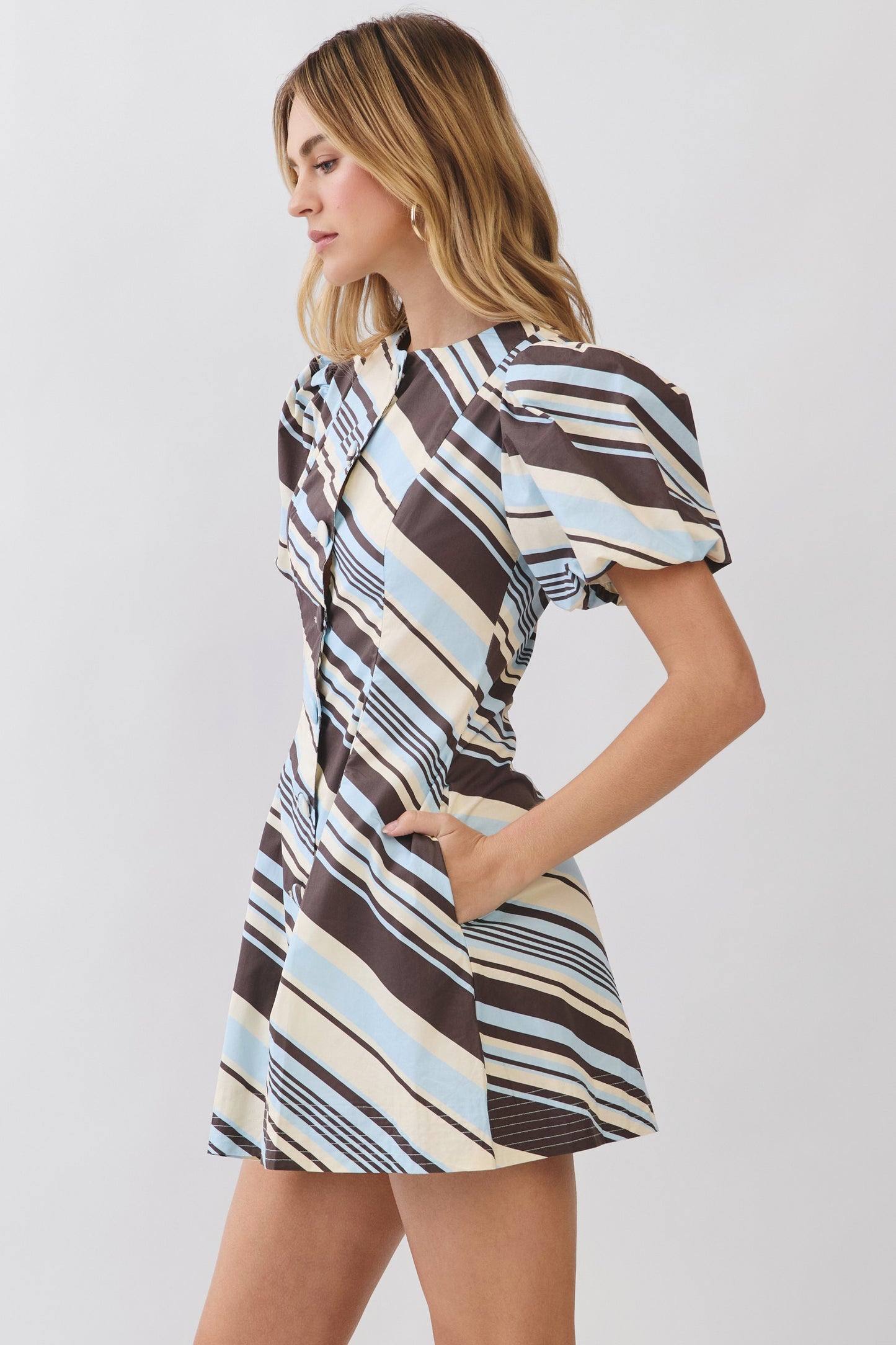 Diagonal Stripe Puff Sleeve Button Front Dress