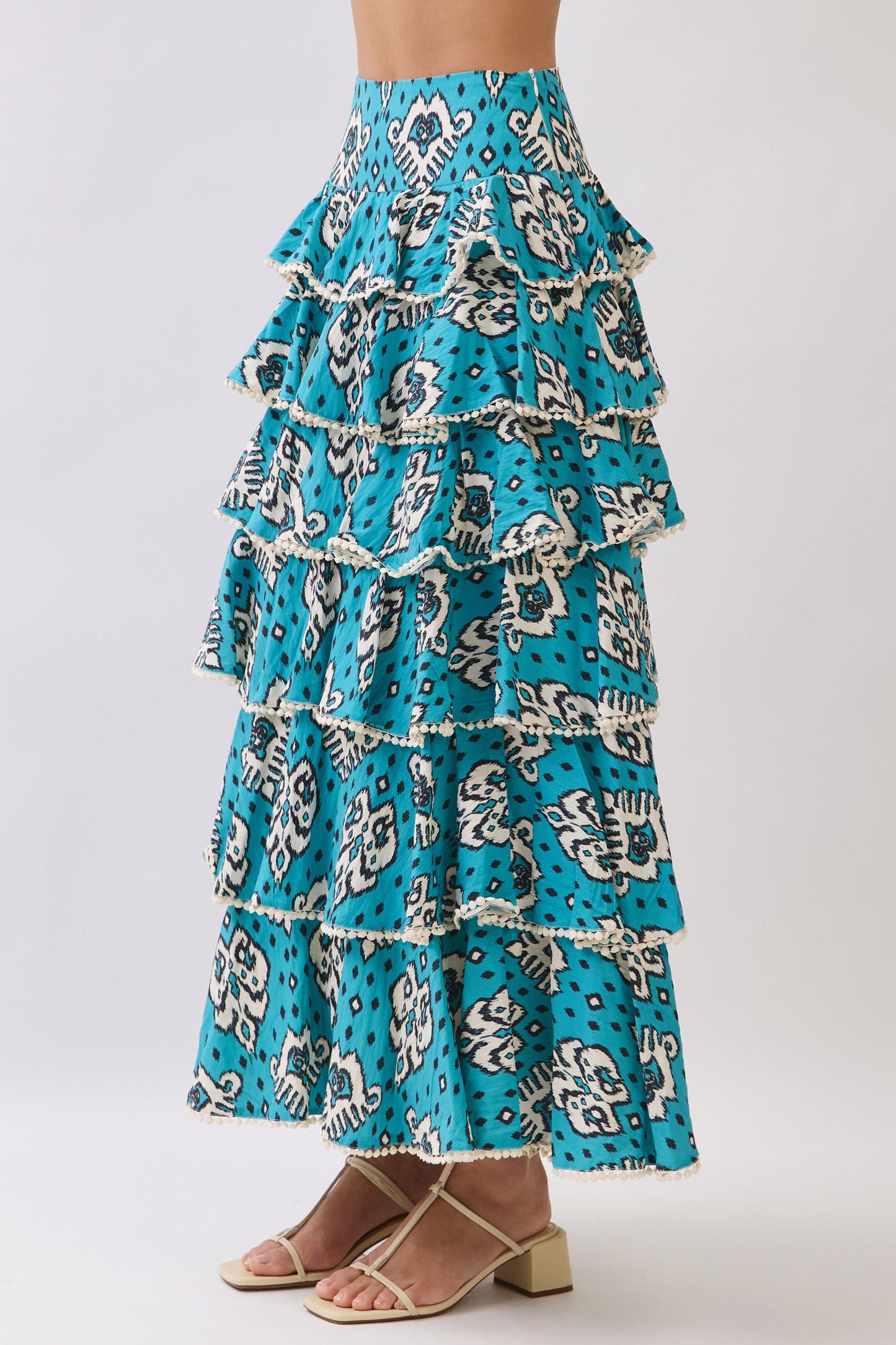 Ruffle Tiered Print Pom Pom Detail Maxi Skirt