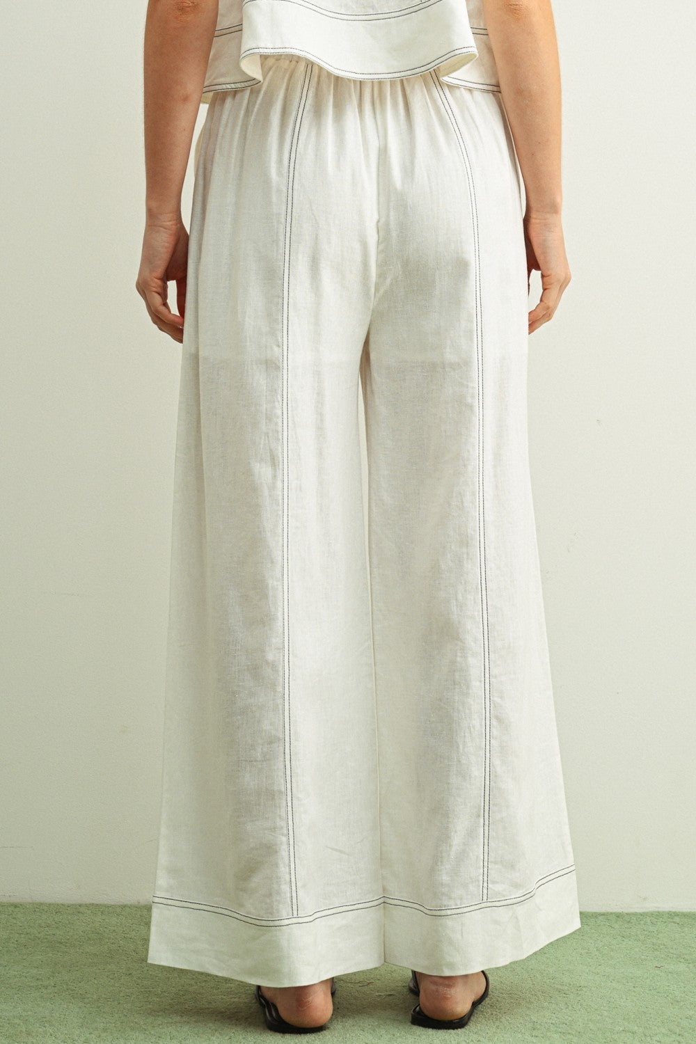 Stitch Detailed Wide Leg Linen Pants