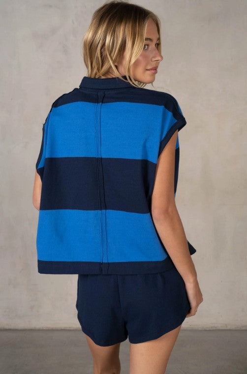 Classic Collared Slouchy Sleeveless Yarn-Dye Stripe Jersey Tee