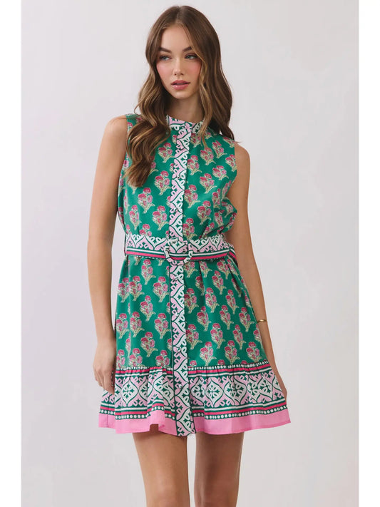 Floral Border Print Belted Mini Dress