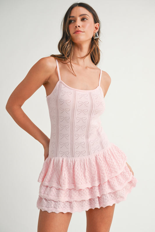 Bow Pointelle Ruffle Mini Dress
