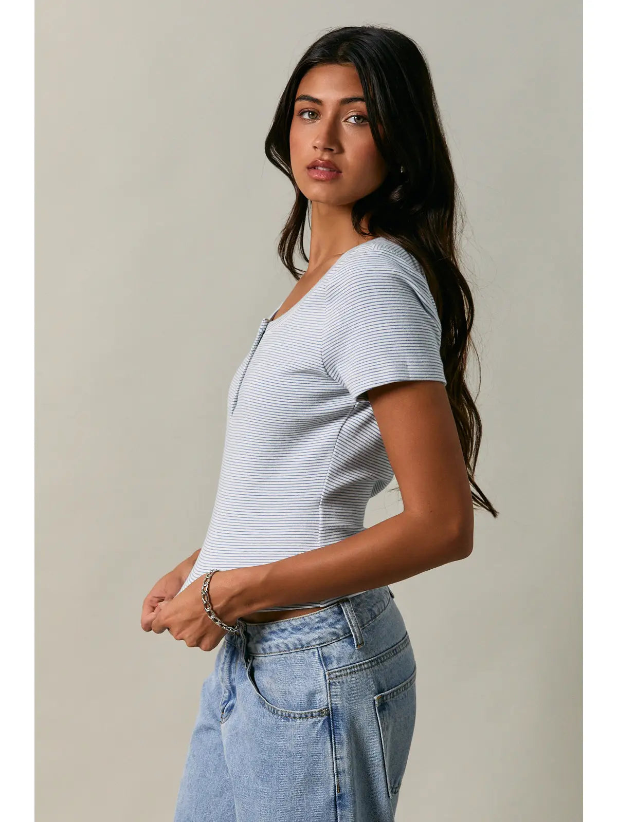 Scoop Neck Short Sleeve Top with Buttons