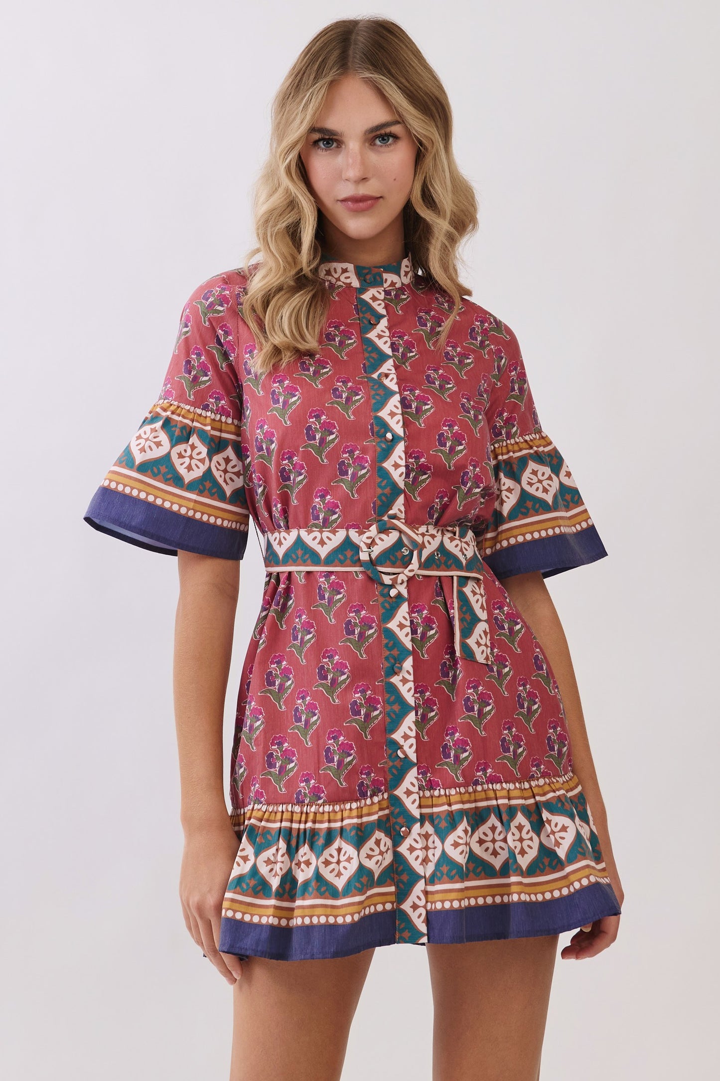 Printed Belted Mini Dress With Contrast Border