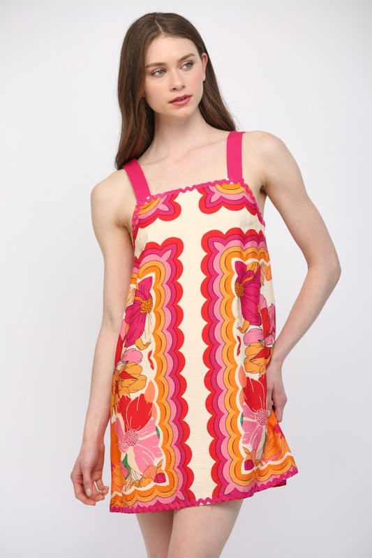 Ric-rac Trimmed Wide Shoulder Strap Floral Dress
