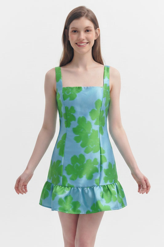Square Neck Ruffle Hem Jacquard Mini Dress