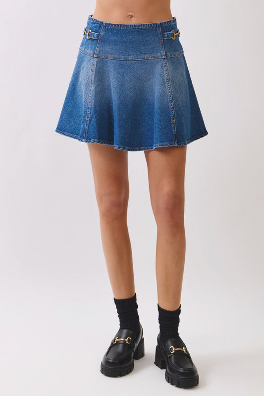 Denim Back Zipper Flared Mini Skirt