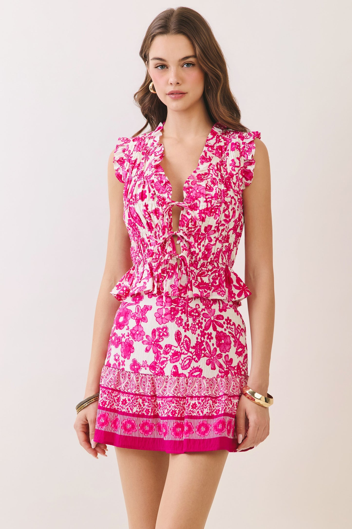 Floral Print Lace Up Ruffle Detail Top