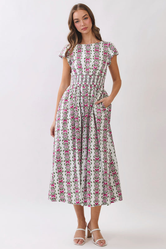 Floral Stripe Smocked Waist Midi Dress