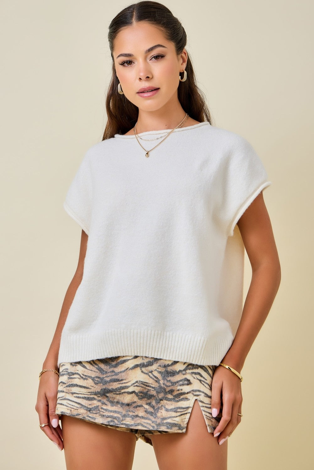 Cap Sleeve Sweater Knit Top With Rolled Edge Detail