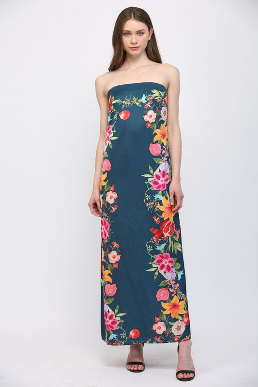 Botanical Border Print Strapless Maxi Dress