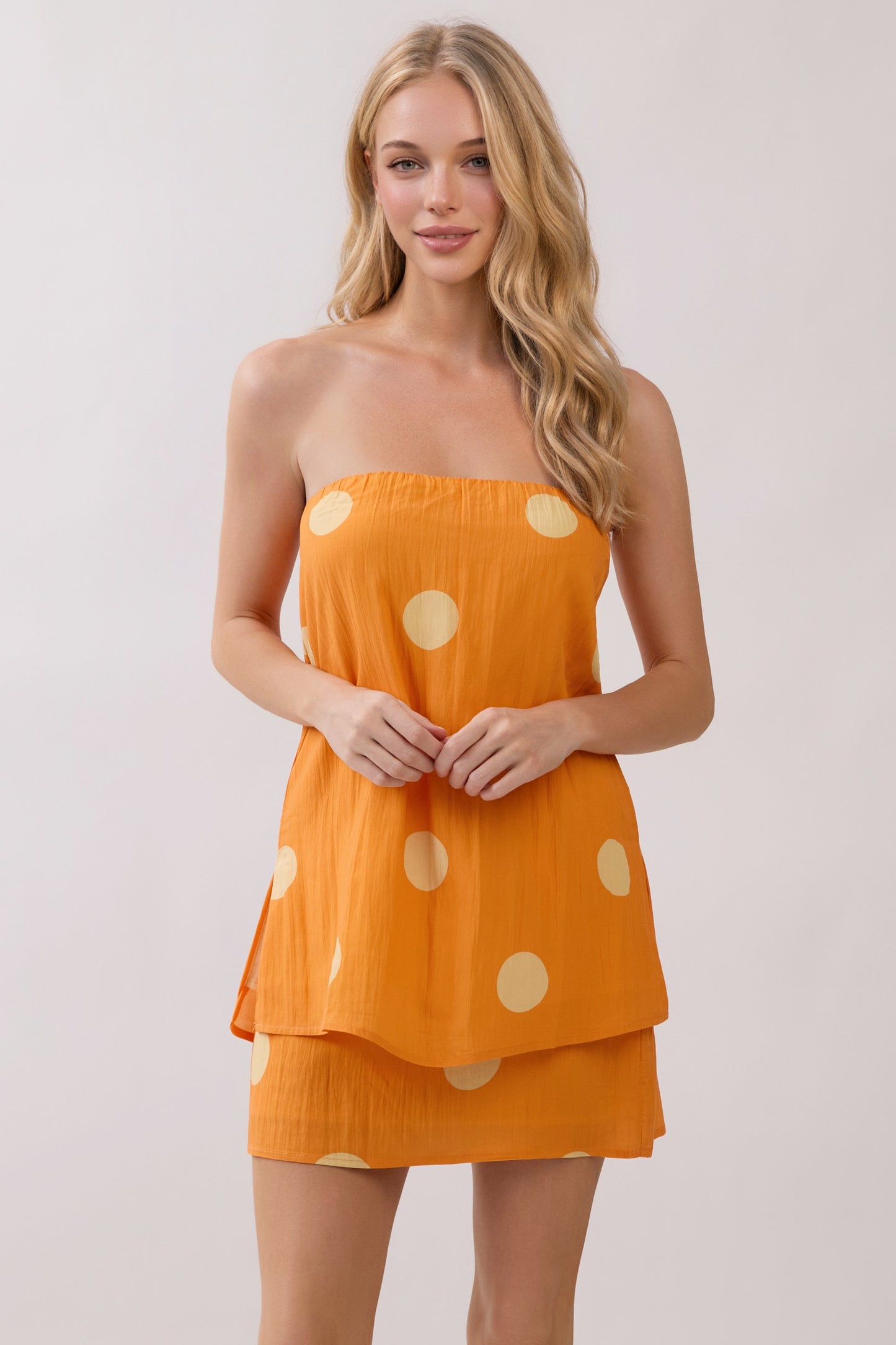 Polka Dot Elasticized Neck Strapless Top
