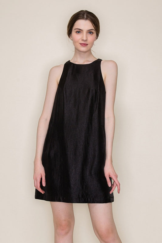 Shine Satin Sleeveless Shift Front Pocket Mini Dress