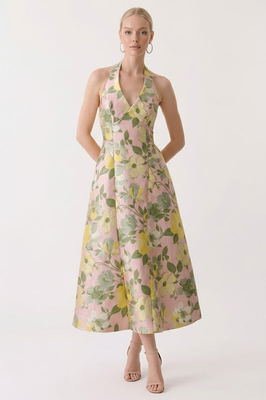 Halter Neck Corset-bodice Side Full Skirt Midi Dress