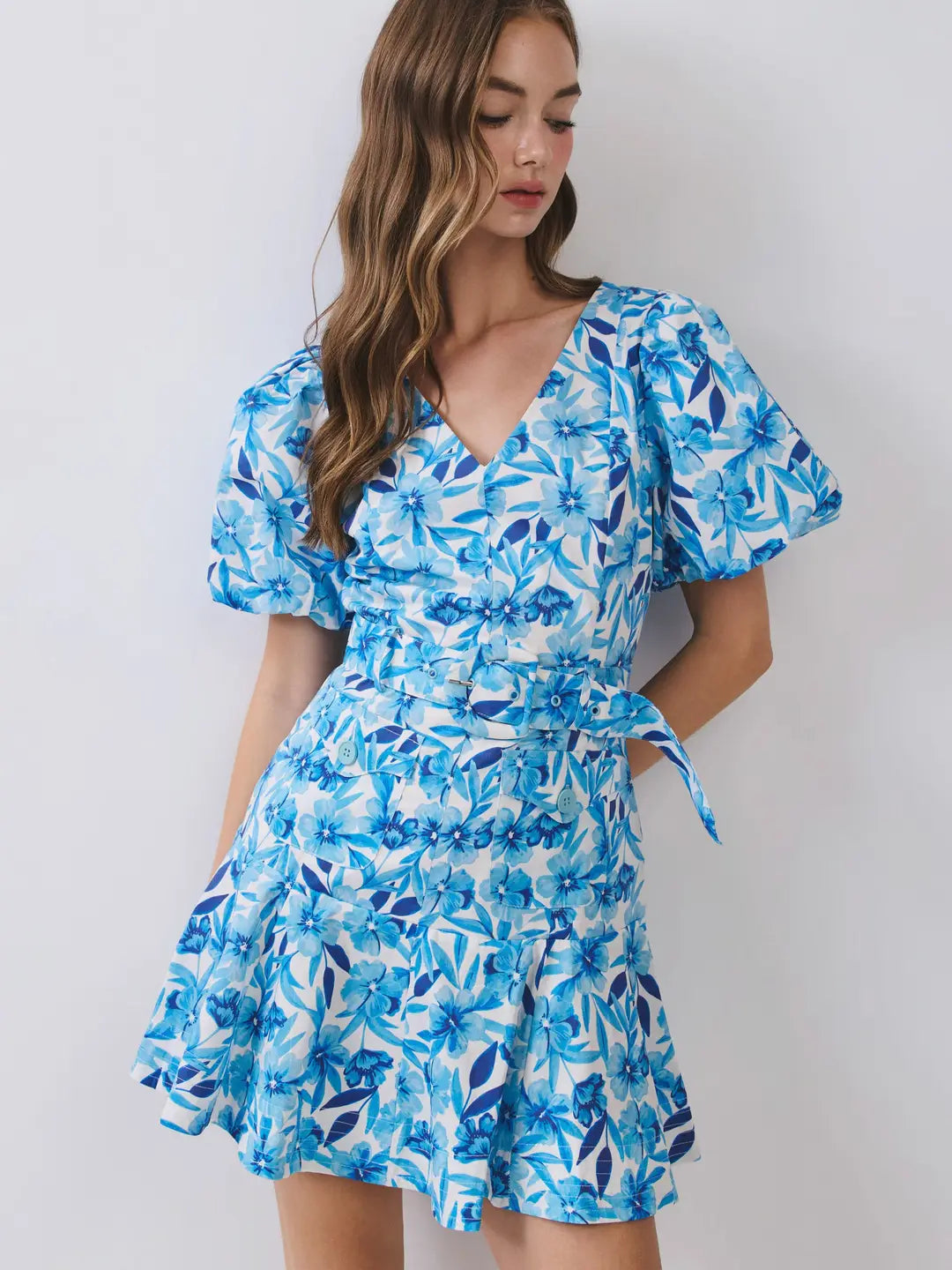 Blue Floral Print V Neckline Belted Mini Dress