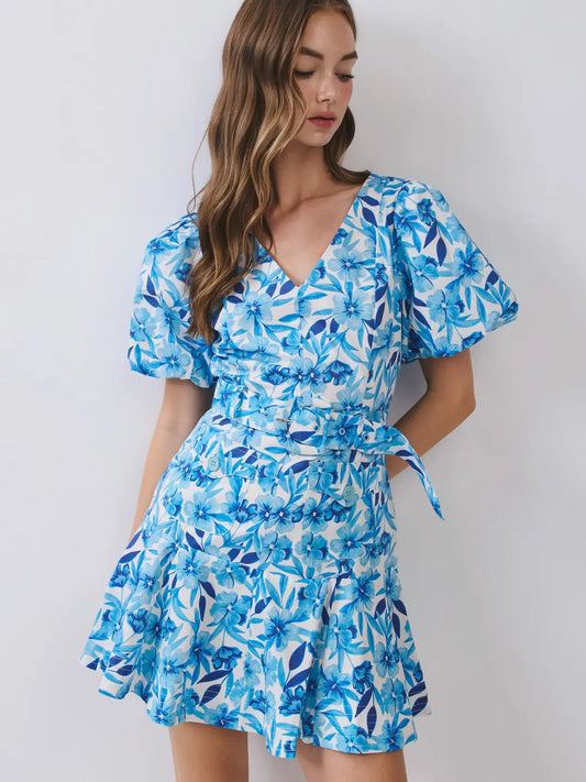 Blue Floral Print V Neckline Belted Mini Dress