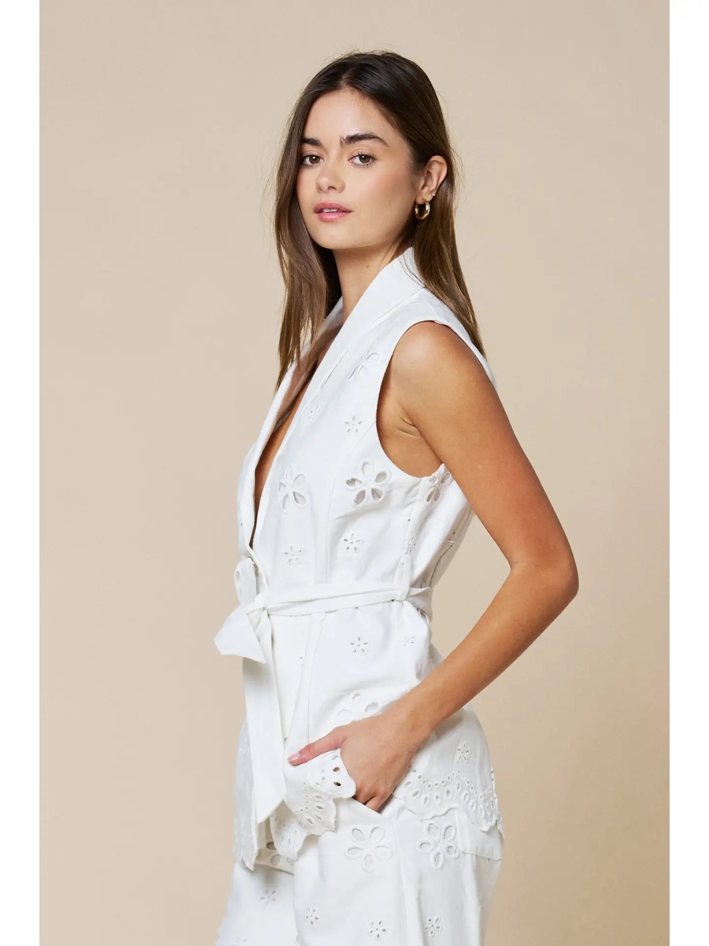 Embroidered Sleeveless Belted Top