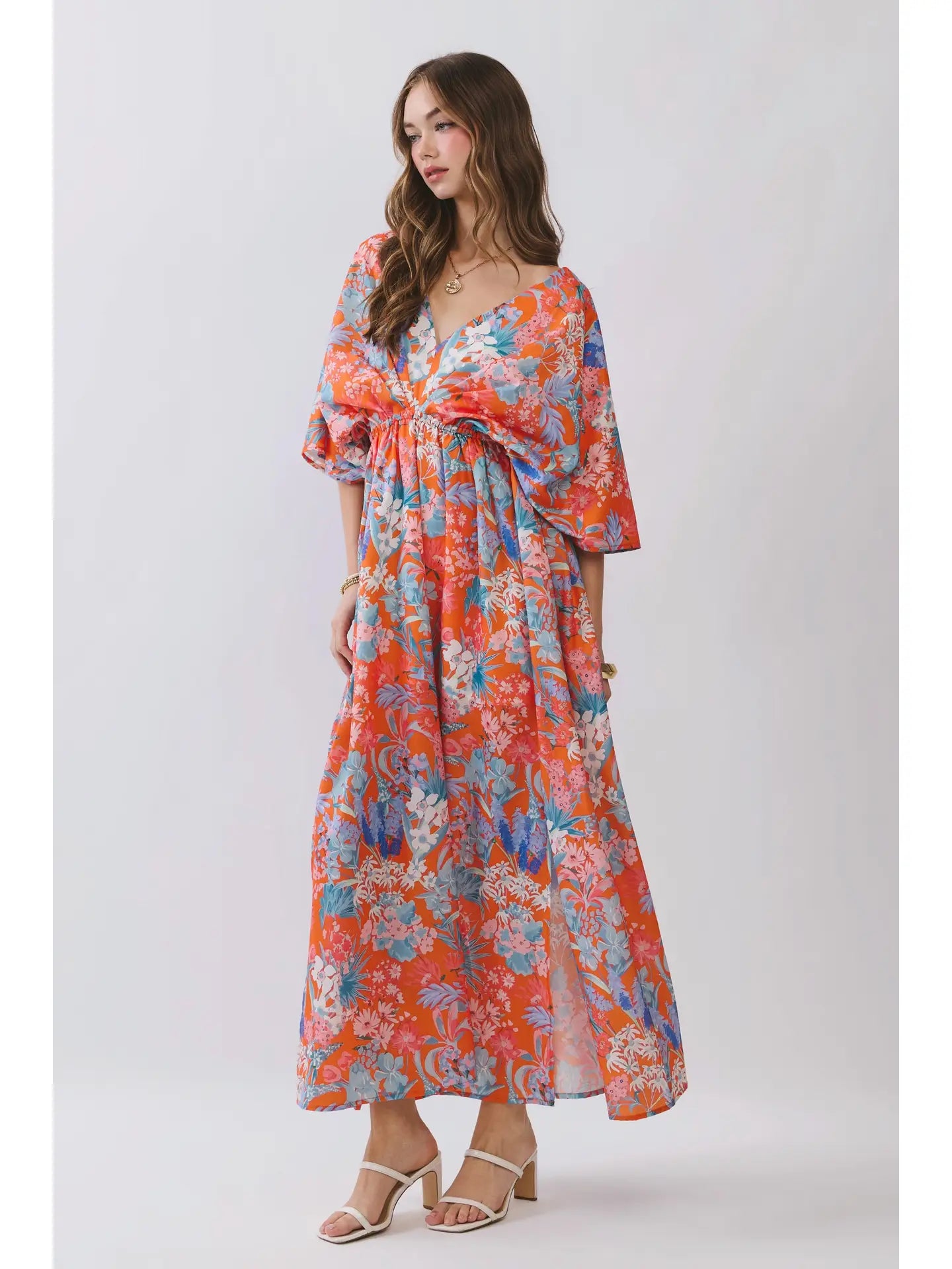Floral V Neck Empire Waist Maxi Dress