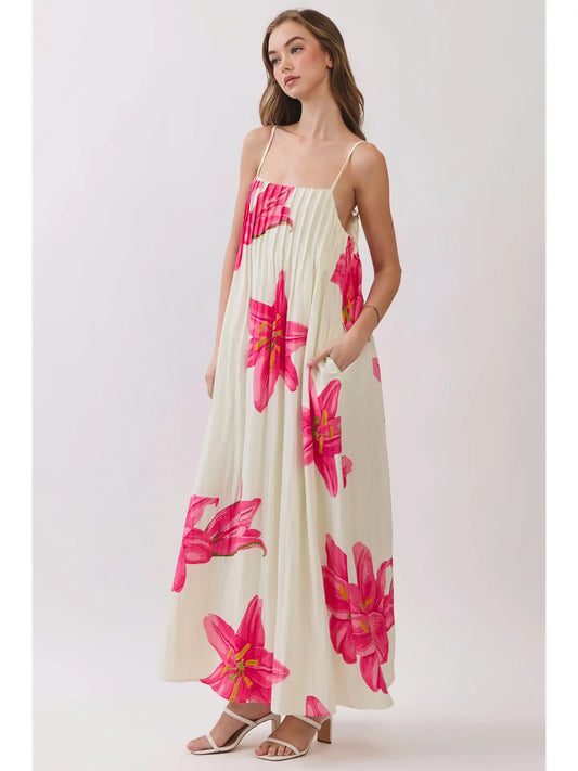 Floral Pleated Maxi Dress with Adjustable Straps