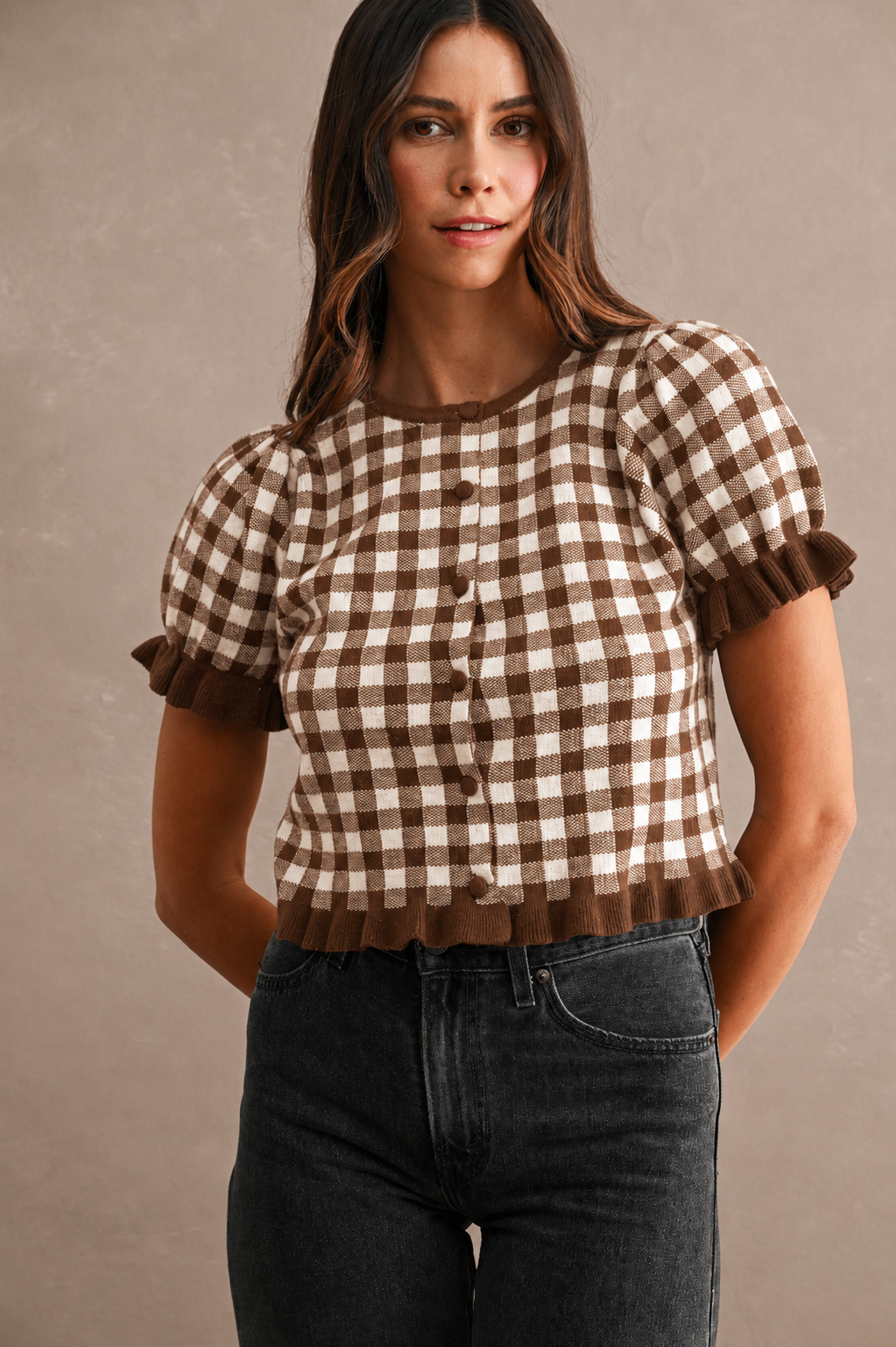 Gingham Plaid Puff Short Sleeve Button Down Knit Top