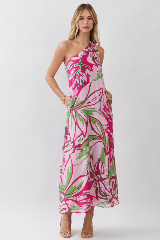 One Shoulder Tropical Print Maxi Dress