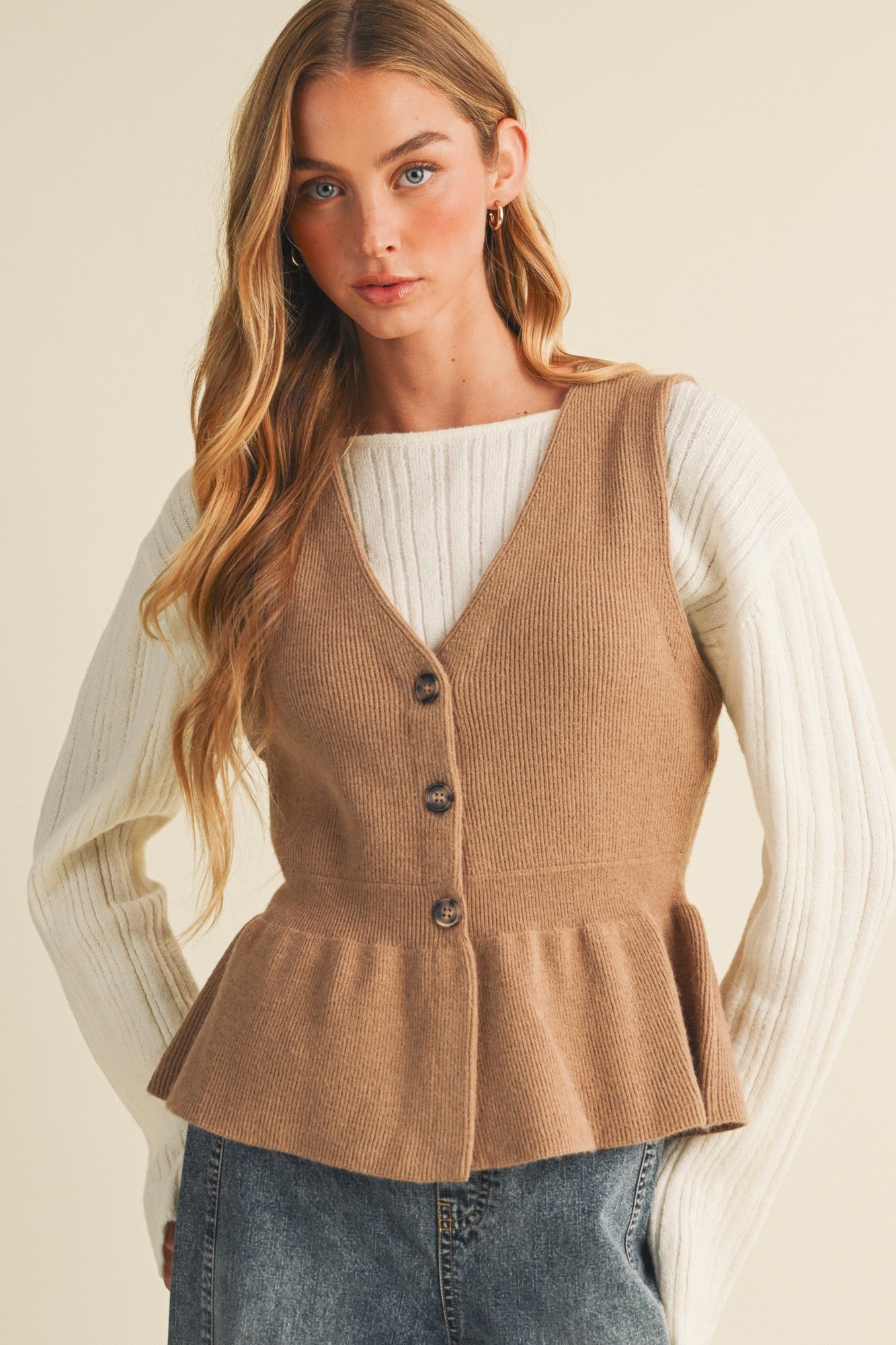 Rib Knit Peplum Button-front Vest