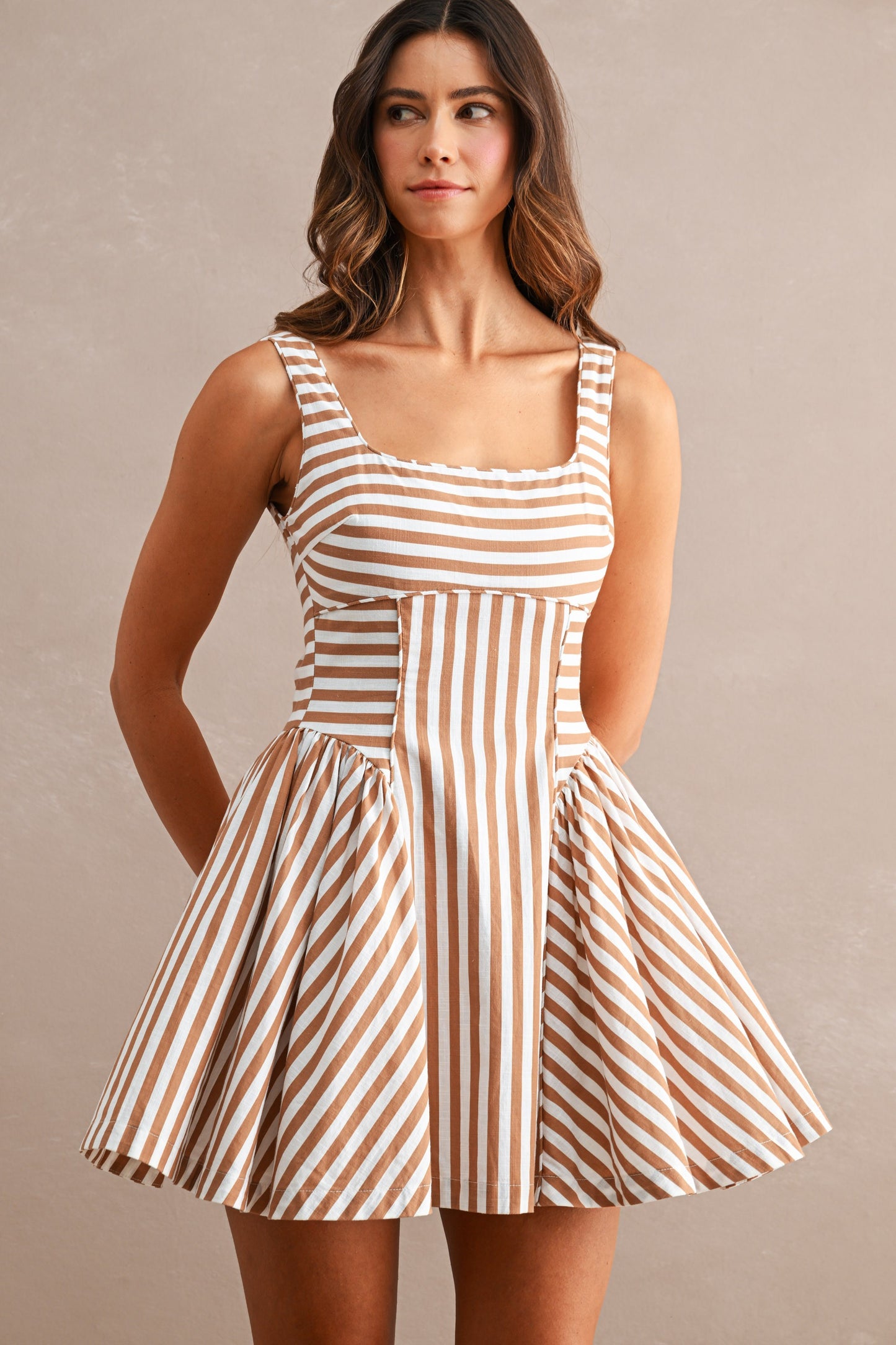 Striped Sleeveless Square Neckline Back Cutout Mini Dress