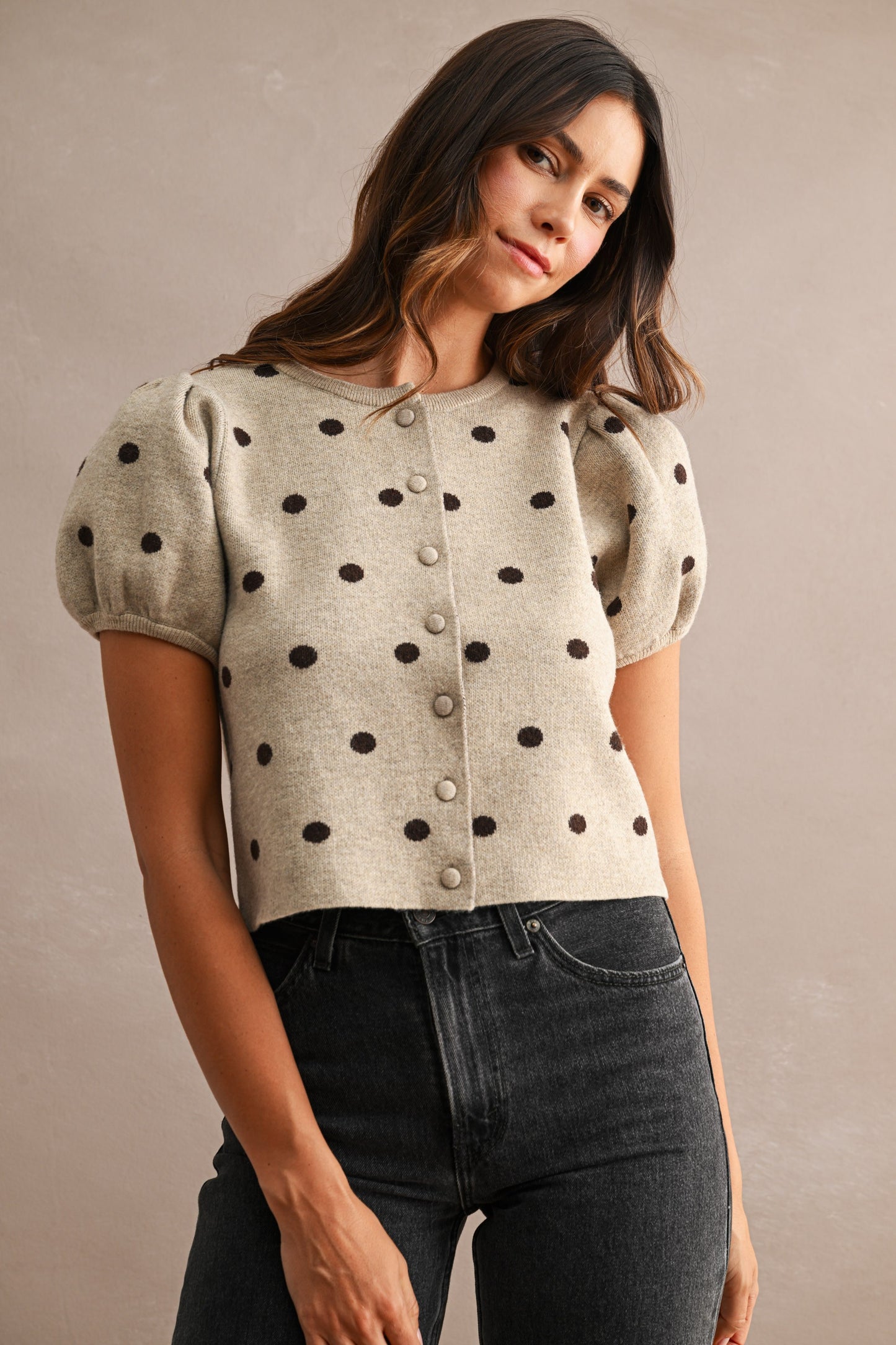 Polka Dot Short Puff Sleeve Button Down Knit Top