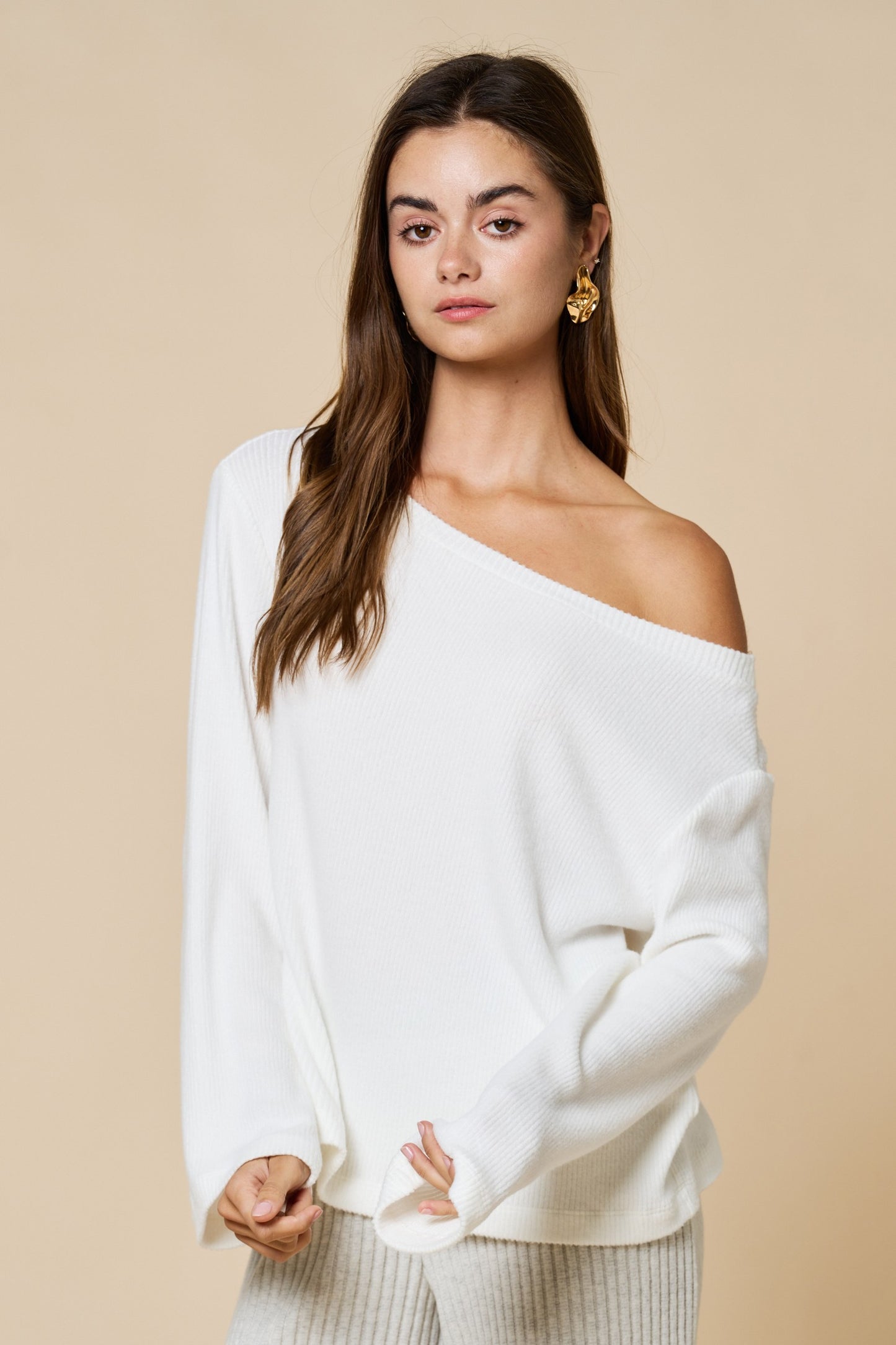 Loose Fir Ribbed Boat Neckline Knit Top