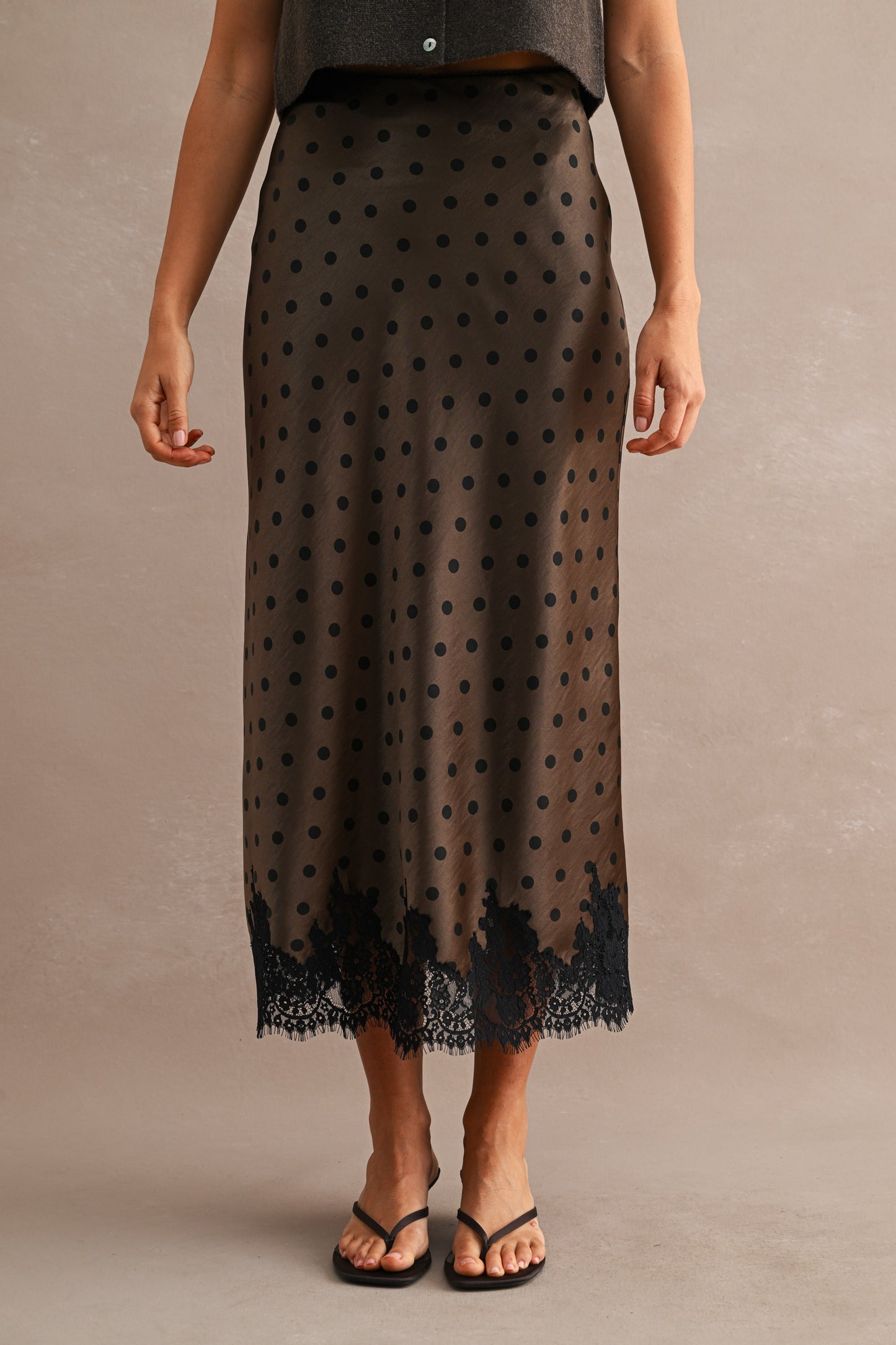 Satin Polka Dot Print Lace Trim Hem Midi Skirt