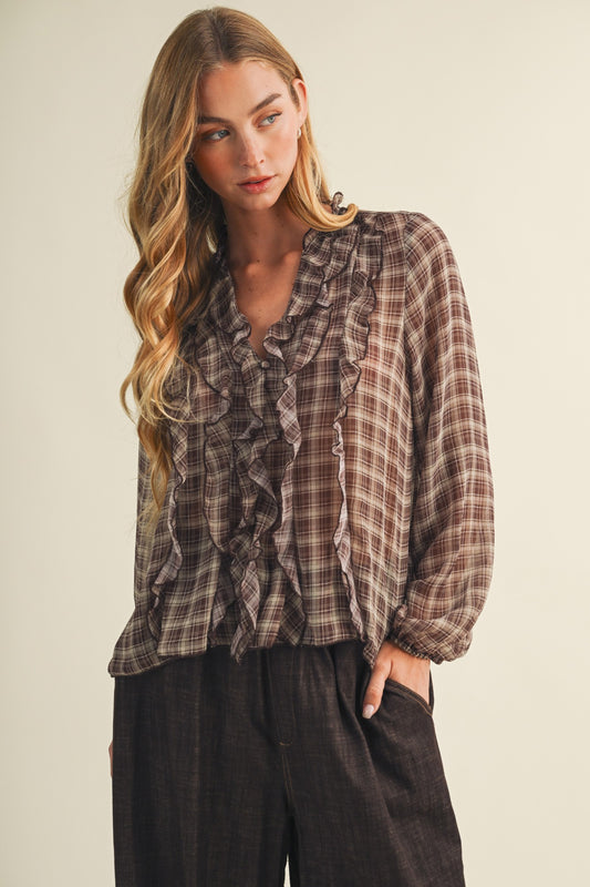 Ruffle Cascade Plaid Georgette Blouse