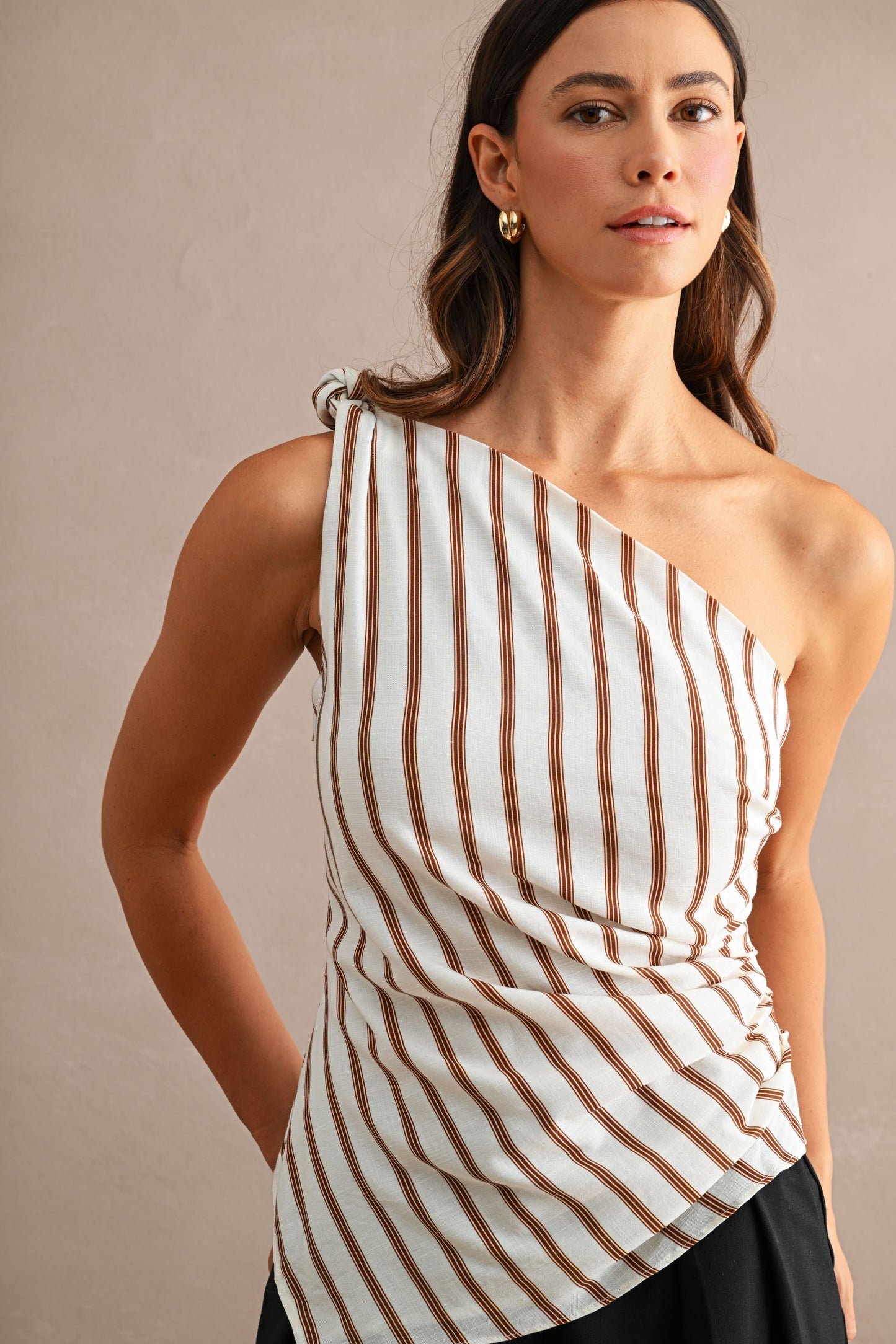 Striped One Shoulder Asymmetrical Neckline Ruched Bodice Top