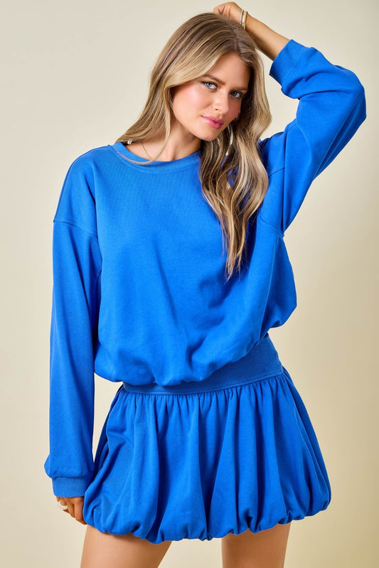 French Terry Crewneck Casual Sweatshirt W/ Bubble Hem Detail