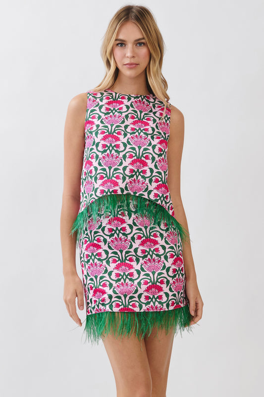 Floral Print Feather Trim Sleeveless Top