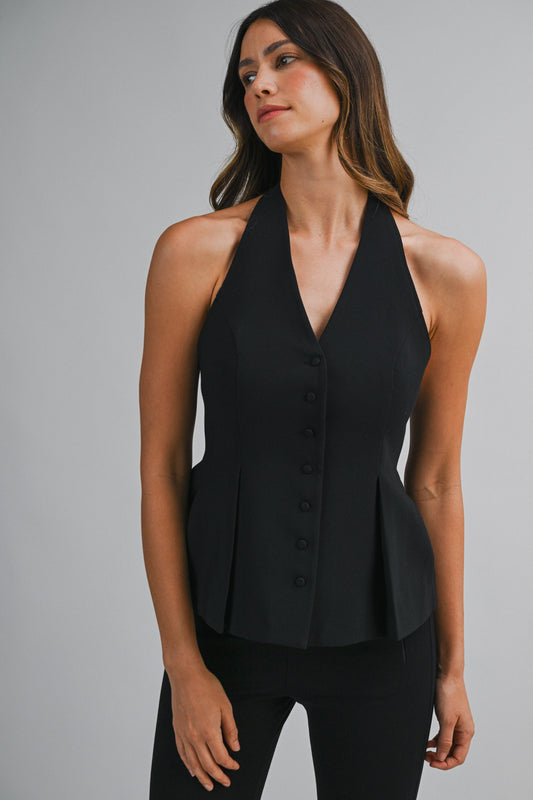 Halter Deep V Neckline Button Front Open Back Peplum Top